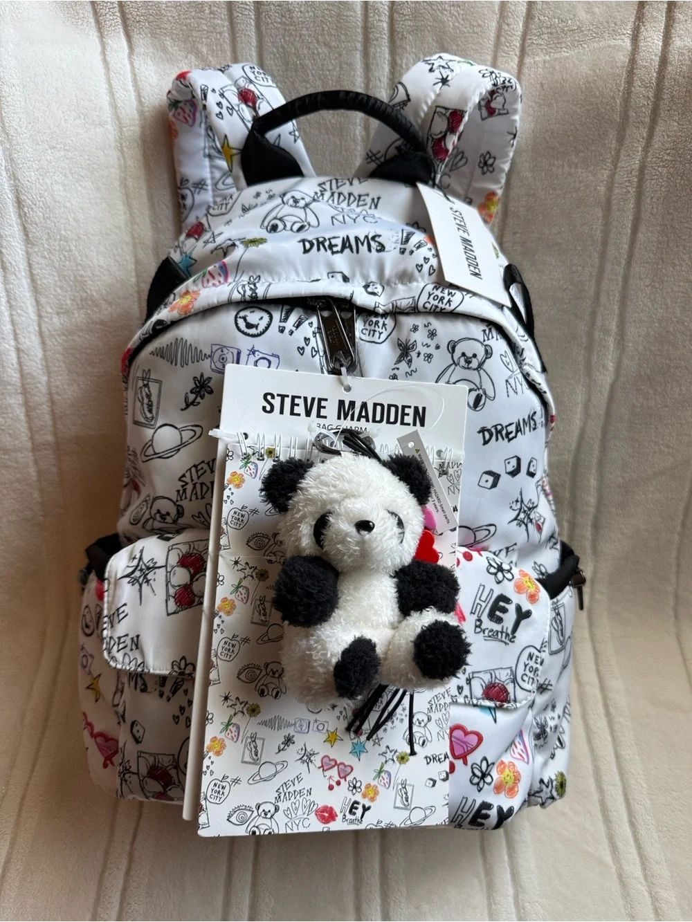 Steve Madden White Graphic Backpack with Panda Charm & Notebook
